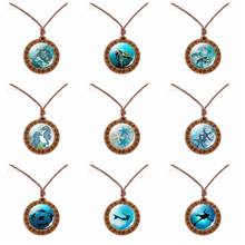 Blue Sea Turtle Dolphin Seahorse Starfish Wooden Necklace Glass Cabochon Marine Life Pendant Necklace Bohemia Style Jewelry 2024 - buy cheap
