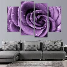 4pcs Kit Canvas Paintings Wall Decoration Canvas Purple Roses Flower With Dew Wall Art Picture for Living Room Home Decoration 2024 - buy cheap