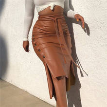 New Women's Pu Faux Leather High Waist Skinny Skirt Lace-up  Slit Sexy Knee-length Skirt Autumn Street Wear Party Wear 2024 - buy cheap
