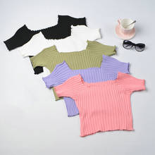 Women T-shirt Off Shoulder Knit Crop Tops Outwear Fashion Solid Short Sleeve Sexy Skinny Shirts Bodycon Women Summer Basic Tees 2024 - buy cheap