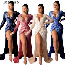 Сексуальное женское платье Lugentolo, облегающее платье с длинным рукавом и глубоким V-образным вырезом, женское элегантное Клубное Бандажное платье с блестками 2024 - купить недорого