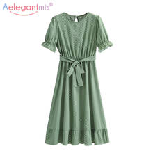 Aelegantmis pontos imprimir vestido longo feminino o pescoço faixas manga puff vestido de mujer verão manga curta vestidos vintage 2021 novo 2024 - compre barato