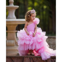 Vestidos de princesa Rosa escalonados para niña, vestidos de flores de tul de un hombro, vestidos de fiesta de cumpleaños de bebé de lujo con tren grande 2024 - compra barato