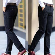 Men Suit Pants Autumn Winter Slim Dress Pants Straight Style Smart Suit Pants Plaid Pocket Long Slim Trousers Office Dress Pants 2024 - buy cheap