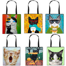 Ilustrador bolsa de mão estampa de gato desenhos animados para mulheres meninas sacolas de compras portáteis de lona bolsa de ombro presente 2024 - compre barato
