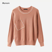 Marwin suéter gola redonda grossa, blusão feminino de lã com bolsos de retalhos, quente macio para inverno 2020 2024 - compre barato