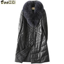 Boollili jaqueta de couro legítimo feminina, casaco de pele de carneiro gola de raposa real, sobretudo longo coreano 2024 - compre barato