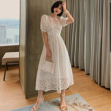 Summer Vintage V Neck Puff Sleeve Sexy Party Vacation Dress Women Slim A Line Dress High-end Women's White Lace Dress Vestidos 2024 - buy cheap