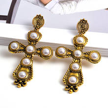 Wholesale Vintage Cross Metal Pearl Long Drop Earrings Baroque Style Fine Jewelry Accessories For Women Christmas Gift 2024 - buy cheap