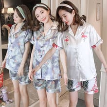 Conjunto de pijamas feminino, calções de dormir de seda com flamingo fofos de desenho animado conjunto para mulheres verão 2019 2024 - compre barato