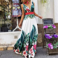 Womens Boho Floral Maxi Dress Summer Beach Sleeveless V-neck High Waist Long Dress Evening Party Vacation Sundress 2024 - buy cheap