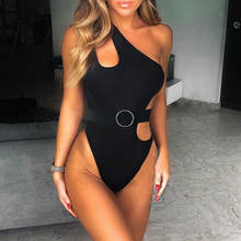 Black Hollow out Swimsuit one piece Female Bikini 2020 High cut Swimwear Women Belt bodysuit women One shoulder Monokini bathers 2024 - buy cheap