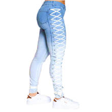 2021 Women Pencil Pants Solid Hollow Out Jeans Sexy Nightclub Wear Plus Size High Waist Lace-Up Skinny Light Washed Denim 2024 - buy cheap