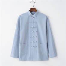Mens Hanfu Cotton Linen Kung Fu Jacket Traditional Chinese Tang Suit Long Sleeve Top Tai Chi Uniform Azure Hanfu new arrival 2024 - buy cheap