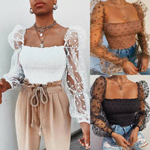 New Polka Dot Lace Mesh T-Shirts Tops Women Fashion Slim Square Collar Crop Tops Summer Autumn Female Long Sleeve Tee Shirt 2024 - compre barato