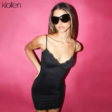 Klaliens-mini vestido de malha feminino, vestido preto sexy de renda, decote em v, slim, vestido de verão casual, para festas e férias, de malha 2024 - compre barato