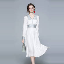 High Quality Women Spring Elegant White Long Dress High-End Jacquard Party Robe Lady Vintage Beading Designer Dress Vestidos 2024 - buy cheap