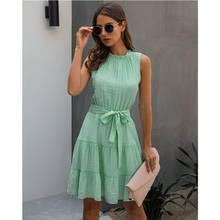 2021 Summer Sweet Pleated Dress A-Line Women Sashes Dress Sleeveless Pure Color Mini Sundress Female Beach Dress Vestido Verano 2024 - buy cheap