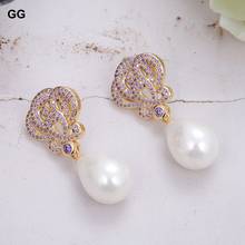 GuaiGuai Jewelry White Teardrop Sea Shell Pearl Gold Color Plated Purple Cz Drop Earrings 2024 - buy cheap