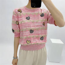 Striped Sequined Sweetheart Pink T Shirt Women 2021 Summer Tops Fashion Jacquard Knitted T-shirt O-neck Short Sleeve Tops Tee 2024 - buy cheap