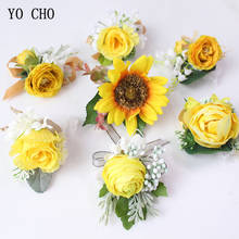 YO CHO Bridesmaid Wrist Corsage Wedding Bride Bracelet Groom Boutonniere Yellow Silk Rose Sunflowers Wedding Witness Men Corsage 2024 - buy cheap