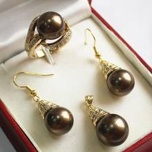 Conjunto de pendientes y anillo para fiesta y boda, set de pendientes y anillo con colgante de perla de concha de 12mm, color marrón noble, 18kgp, 7-10 2024 - compra barato