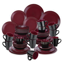 Vancasso bacche 16/32/48-peça matte black & berry red grés louça louça conjunto com placa de jantar, placa de sobremesa, tigela, caneca 2024 - compre barato