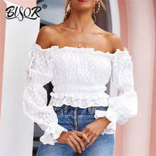Sexy off shoulder ruffles embroidery blouse Women flare long sleeve crop top blouse 2019 Autumn streetwear blouse female 2024 - buy cheap