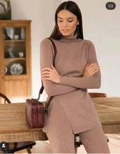 Luxury Two Pieces 45% Cashmere + 30% Wool Suits Female Turtleneck Warm Mink Cashmere Knit Tops +  Wide Leg Wool Pant Sets F2494 2024 - buy cheap