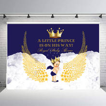 Gold and royal blue boy prince crown baptism christening birthday baby shower backdrop wings photo background candy table banner 2024 - buy cheap