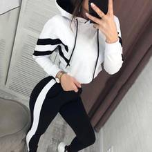 Women 2 Piece Stripe Sport Casual Women Long Sleeve Short Hooded Pullover Sweatshirt Pants Suit Set Loose Tracksuit Female 2024 - buy cheap