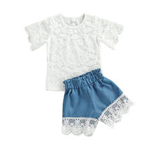 2Pcs Toddler Summer Tracksuits Solid Color O-Neck Short Sleeves T-Shirt + Lace Splicing Shorts Suit for Girls 2024 - buy cheap