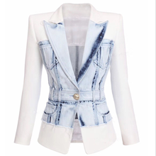 Blazer feminino botão único, jaqueta jeans retalhos 2021 2024 - compre barato