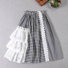 Japan Style Mori Girl Black White Plaid Cotton linen Skirt Lace irregular A-line Women Skirts Autumn 2024 - buy cheap