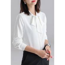 Blusa feminina manga comprida laço, camisa feminina branca chiffon fita 2024 - compre barato