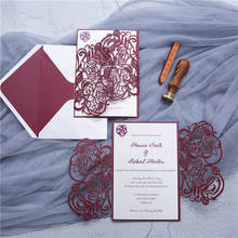 (50 unids/lote) Tarjeta de invitación de boda Rosa cortada con láser, impresión personalizada de Borgoña, invitaciones de compromiso nupcial IC131 2024 - compra barato