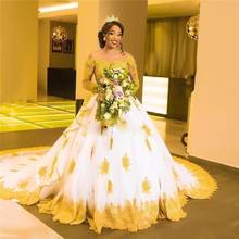 Luxury African A Line Wedding Dresses Off Shoulder Gold Lace Applique Beads Long Sleeves Backless chapel Train Bridal Gowns 2024 - buy cheap