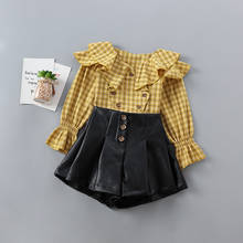 Conjunto de ropa de alta calidad para niña de 2 a 7 años, camisa a cuadros de moda + Pantalones de cuero, ropa para niño y niña 2019 2024 - compra barato