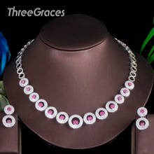 Threegrays colar de pedra rosa quente, conta redonda grande de luxo para mulheres casamento joias fashion conjuntos tz527 2024 - compre barato
