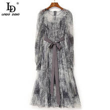 LD LINDA DELLA New 2021 Women's Summer Runway Vintage Party Dress Long Lantern sleeve Belt Gray Printed Mesh Midi Dress Vestidos 2024 - buy cheap