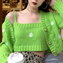 1 set Autumn Korea Style Vintage Embroidery Flower Cardigan Tank Top V neck Single-breasted Button Knitted Crop Sweater Jumper 2024 - buy cheap