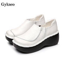 Gykaeo Women Genuine Leather Shoes Mother Embroidery National Style High Heels Wedges Shoes for Women Retro Cowhide Casual Pumps 2024 - buy cheap