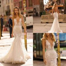 Fashion Wedding Dresses Sexy Deep V Neck Lace Appliques Sequins Bridal Gowns Backless Sweep Train Mermaid Wedding Dress 2024 - buy cheap