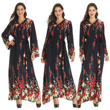 Vestido longo abaya muçulmano, vestido longo estampado floral, gola v, roupão árabe casual islâmico, coquetel bullet, moda casual 2024 - compre barato