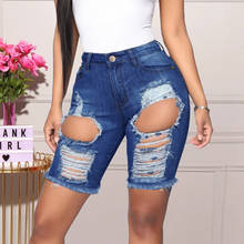 Sexy Hole Blue High Waist Straight Denim Shorts Women 2021 New Ripped Streetwear Slim Jeans Shorts Lady Cotton Knee Length Jeans 2024 - buy cheap
