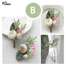 Meldel Men Boutonniere Wedding Wrist Corsage Bride Wrist Flower Girl Bracelet Groom Boutonnieres White Pink Artificial Silk Rose 2024 - buy cheap