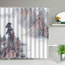 Cortinas de ducha de paisaje de pintura de tinta china, cortina elegante con ganchos, paisaje de flores, bosque, pájaro, impresión 3d 2024 - compra barato