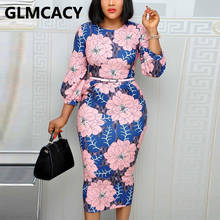 Women Long Sleeve O Neck Dress Floral Printed Bodycon Midi Dress Elegant Office Ladies Chic Work Dress 2024 - buy cheap