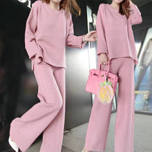 2022 O-neck Cotton Full Elastic Waist Winter Knitting Suit Female New Loose Knit Two-piece Wide Leg Pants Warm Woman 2024 - buy cheap