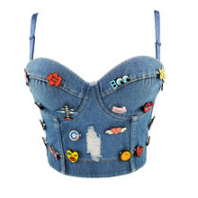 HOLE Denim Cute Appliques Crop Top To Wear Out Autumn Corset Top Sexy Tops Women Bra Push Up Bustier Female Tops Mujer JY6612 2024 - buy cheap
